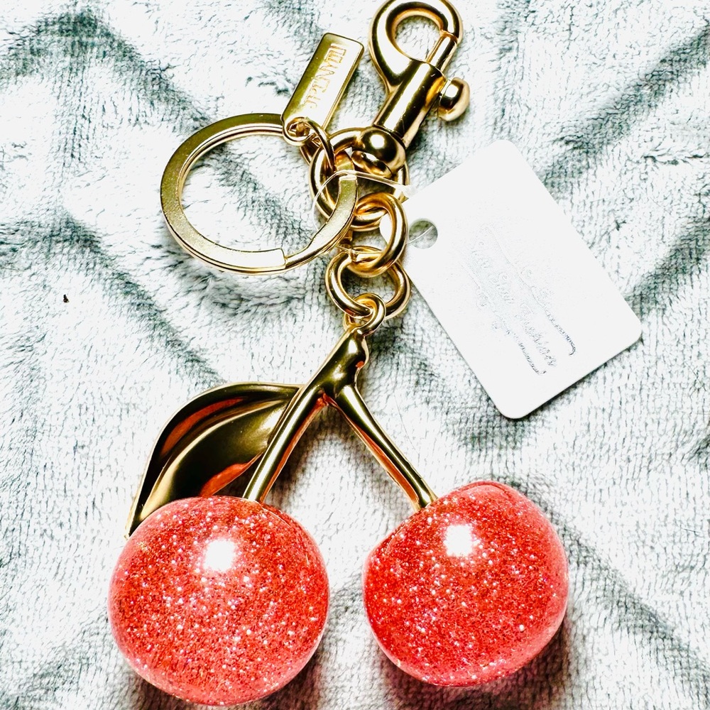 Gorgeous Gold Cherry Keychain with Pink Glittery Cherries 🍒 🩷
